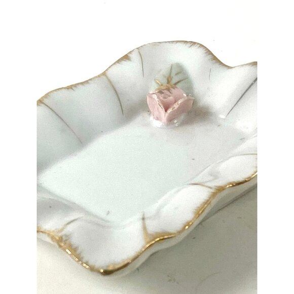 Vintage Porcelain Trinket Dish With Pink Rose & Gold Trim Rings Earrings Catchal - Picture 3 of 4